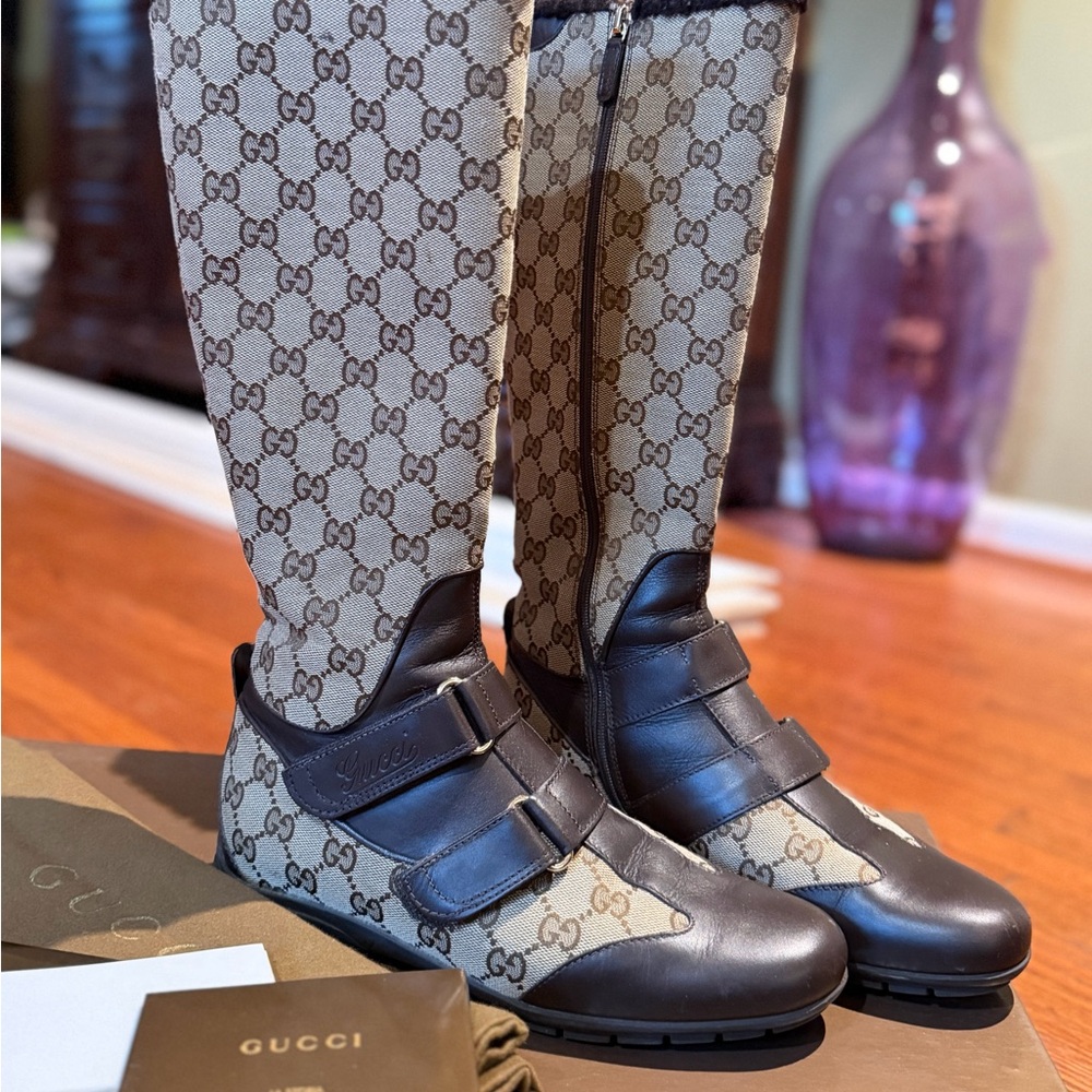 Gucci Women's Beige and Dark Brown Patterned Boots